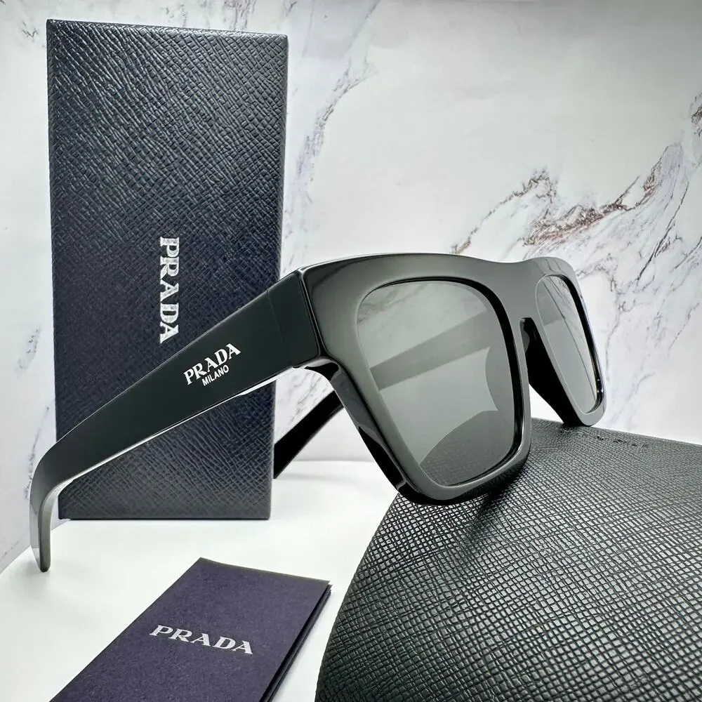 NEW PRADA Sunglasses Black Square Rectangle Gray Lens w/ Box & Case Authentic
